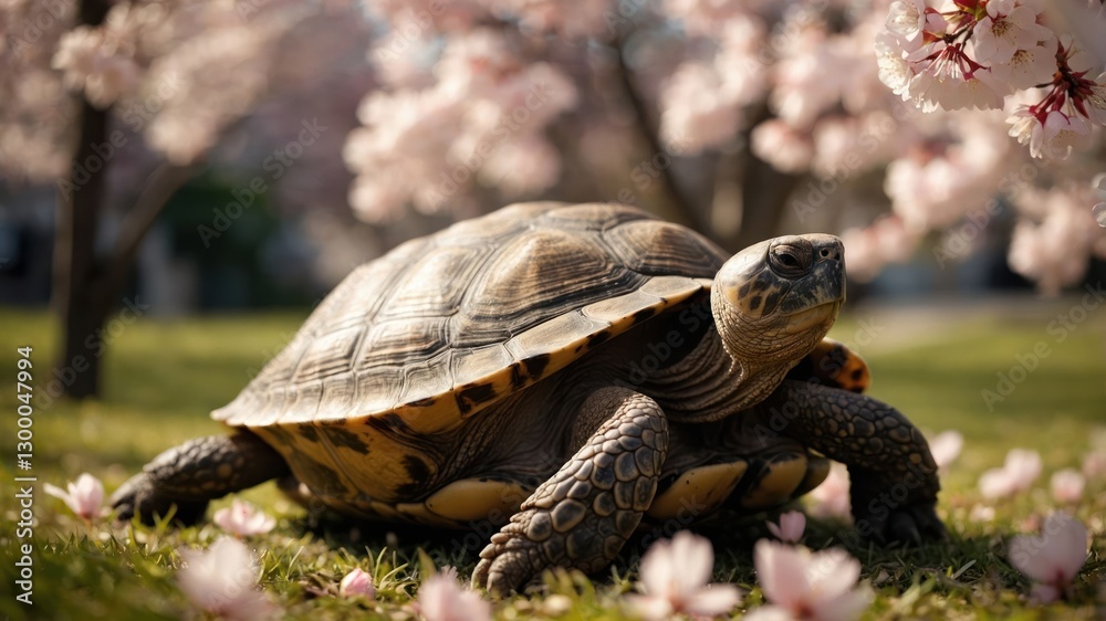 Fototapeta premium A tortoise amidst blooming cherry blossoms in a serene garden setting.