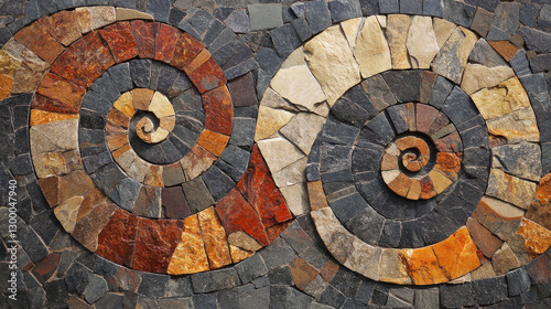A close-up of an exquisite mosaic featuring interlocking spiral designs, created from naturally weathered stones arranged in an artful, harmonious pattern