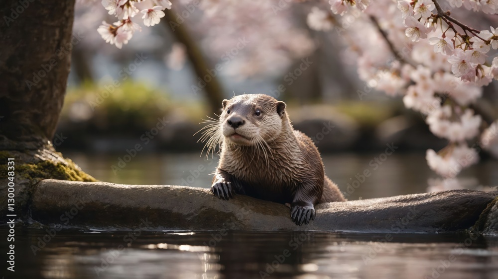 A playful otter rests on a stone near cherry blossoms by a serene water body. A playful otter rests on a stone near cherry blossoms by a serene water body.