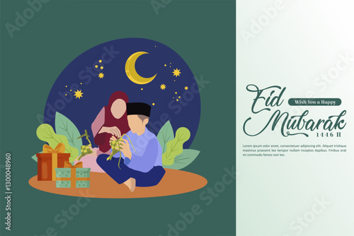 Festive Eid Mubarak 2025 greeting for Asian Culture with Mom and Son Making Ketupat. Selamat Hari Raya Aidil Fitri 1446 H Greeting