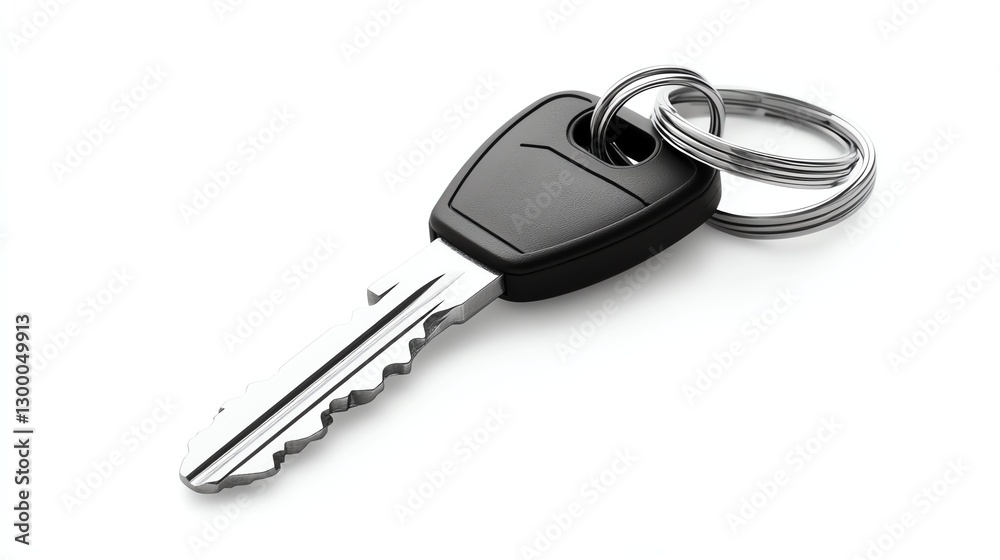 A close-up of a key with a black keyring on a white isolated background. A close-up of a key with a black keyring on a white isolated background.