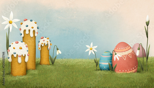 Holiday greeting card or poster for spring holiday Easter with cute cartoon Easter Eggs and cake and flowers. 