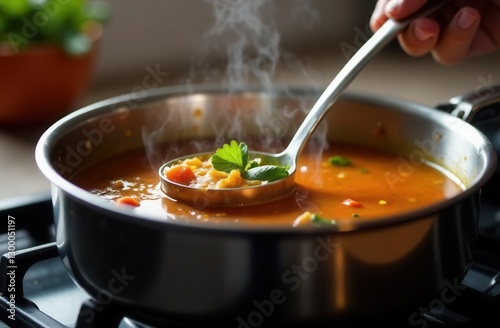 Steaming vegetable soup in a pot with ladle and fresh parsley garnish photo