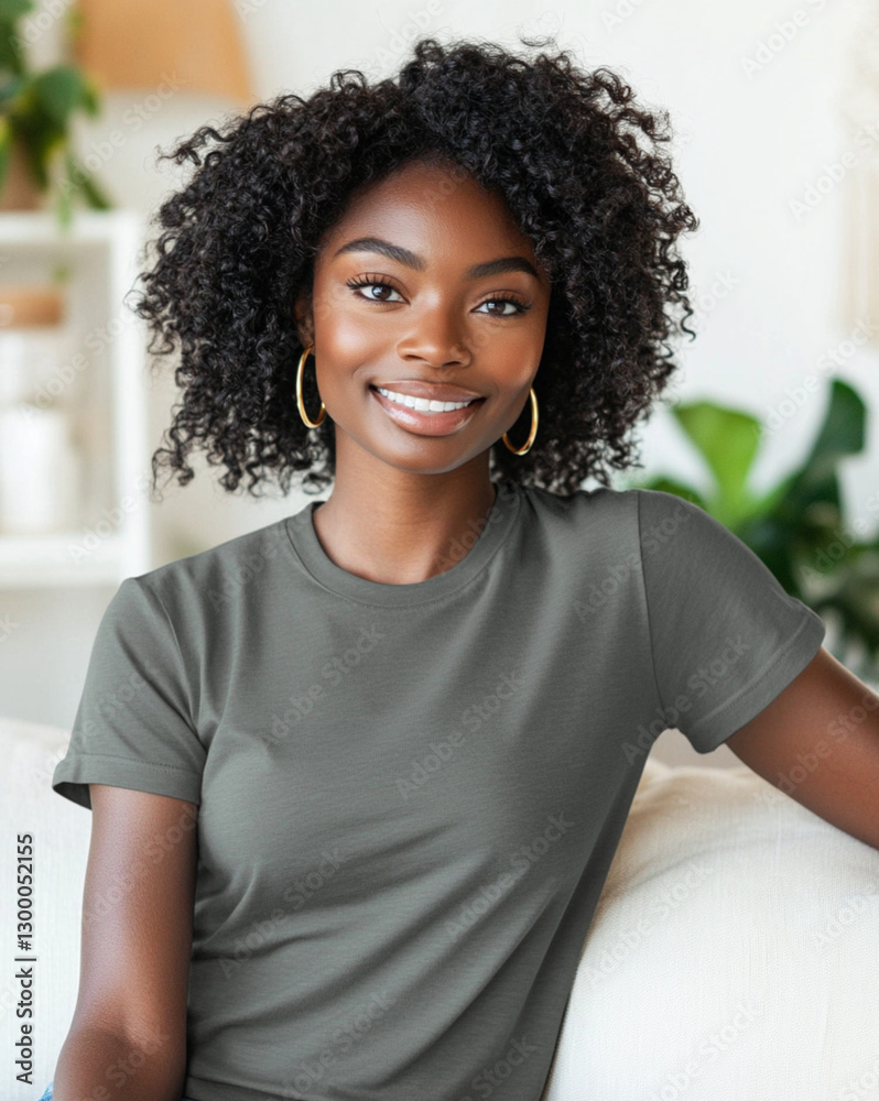 Fototapeta premium a black woman wearing plain t-shirt with no writing or images,sitting comfortably on a light-colored sofa in home,curly hair,large gold hoop earrings,smiling,white interior accents, houseplants
