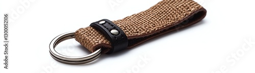 Keychain with woven fabric strap and metal ring, isolated on white background.