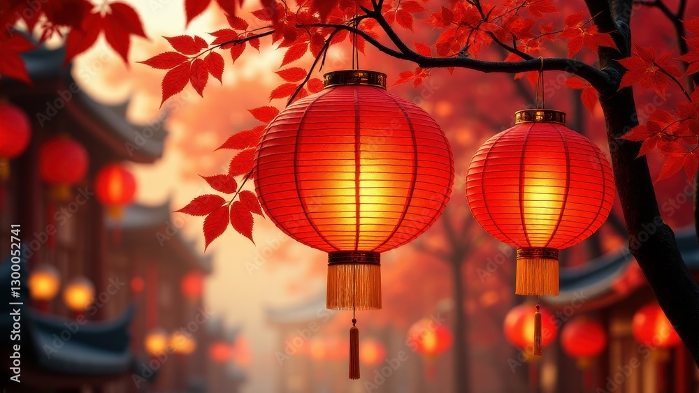 Fototapeta premium Chinese lanterns hanging from a tree branch with red leaves, creating a warm and festive atmosphere in a traditional setting.