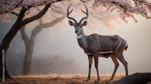 A majestic antelope stands under blooming trees in a misty landscape.