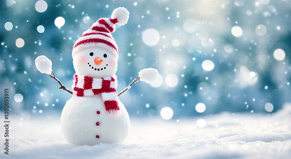Frosty Cheer: A charming snowman, adorned with a red and white striped hat and scarf, stands amidst a magical winter wonderland, as snowflakes softly fall, evoking warmth and joy. Frosty Cheer: A charming snowman, adorned with a red and white striped hat and scarf, stands amidst a magical winter wonderland, as snowflakes softly fall, evoking warmth and joy.