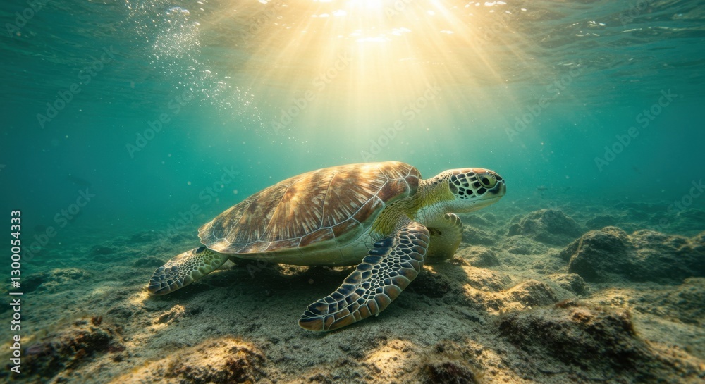 Obraz premium Sea Turtle Swimming Gracefully Under Ocean Sunlight in Turquoise Water