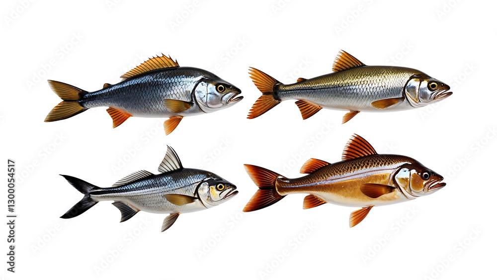 Fototapeta premium Scientific-style fish illustration with two blue-silver and two golden-brown fish, symmetrical square composition on transparent background PNG