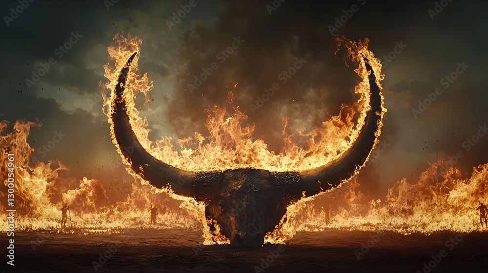 Obraz premium Flaming Bull Skull Surrounded by a Fiery Blaze in Dark Atmosphere