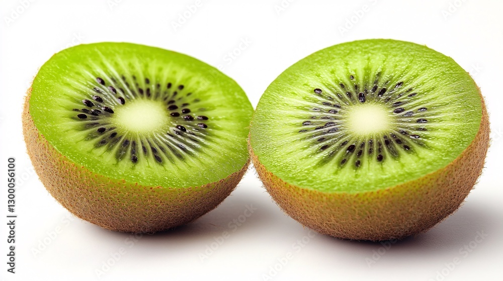Refreshing Kiwi Fruit Halves with Seeds on White Background Refreshing Kiwi Fruit Halves with Seeds on White Background