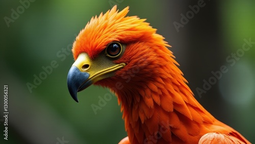 A vibrant orange bird with a sharp black beak and detailed feathers, set against a blurred green background.