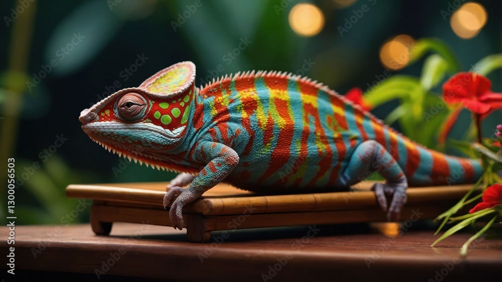 Obraz premium A vibrant chameleon resting on a bamboo platform surrounded by lush plants and flowers.