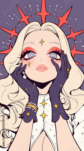 Retro comic style blonde women, starlight, hearts, flowers, blonde hair with bangles, purple or red green background on the Kawaii concept