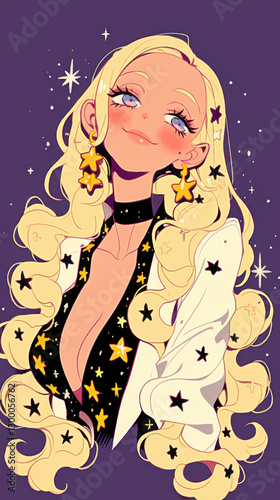 Retro comic style blonde women, starlight, hearts, flowers, blonde hair with bangles, purple or red green background on the Kawaii concept