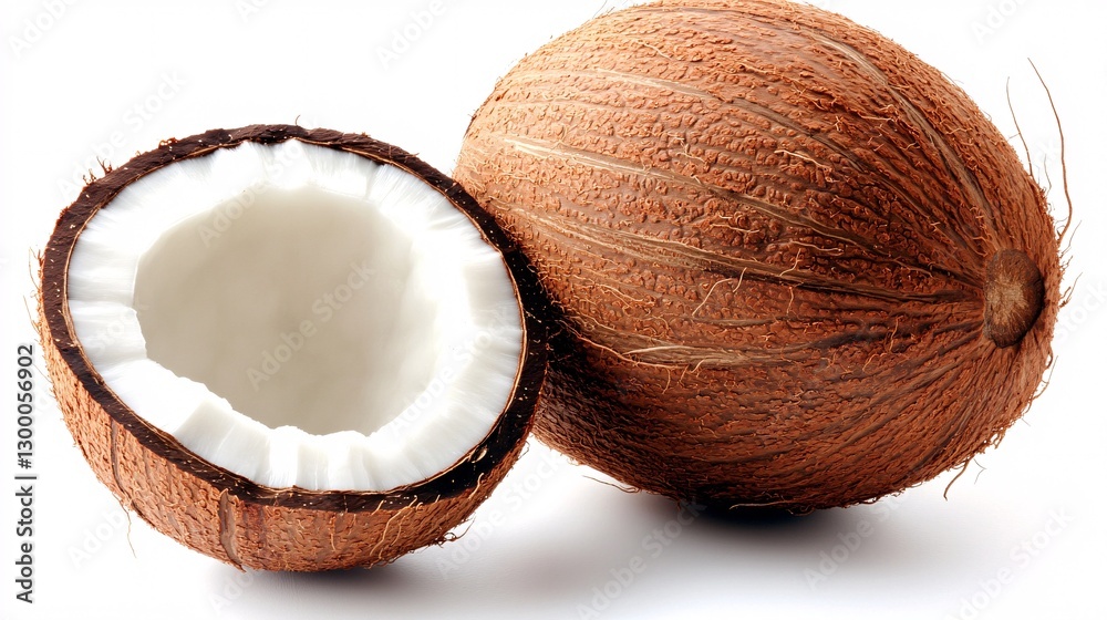 Fresh Whole Coconut with Cracked Half on White Background Fresh Whole Coconut with Cracked Half on White Background