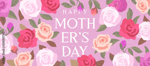 Creative concept of Happy Mother's Day card, banner. Modern floral art design with roses and modern typography. Template for celebration, ads, branding, cover, label, poster for spring summer greeting