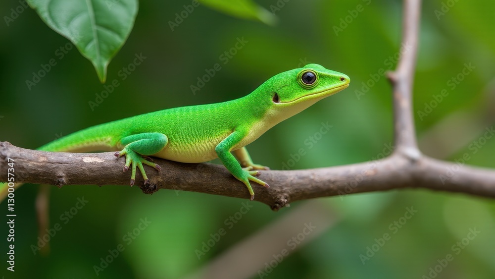 An emerald swift lizard perched on a branch in a lush green environment. An emerald swift lizard perched on a branch in a lush green environment.