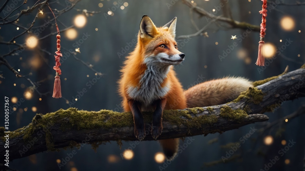Fototapeta premium A serene fox resting on a mossy branch, surrounded by glowing orbs in a mystical forest.