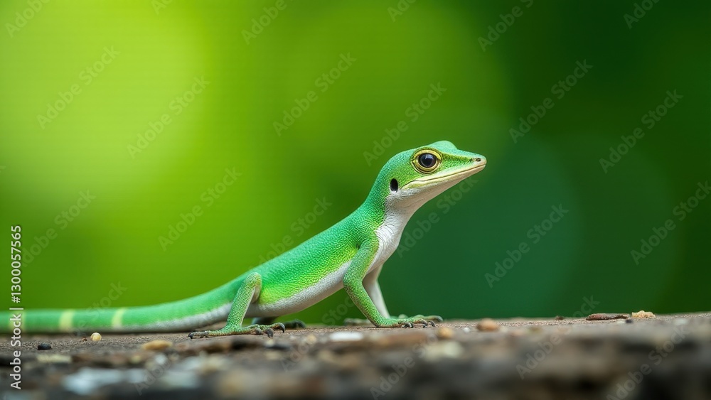 Fototapeta premium An emerald swift lizard with vibrant green and white scales is perched on a surface against a blurred green background.