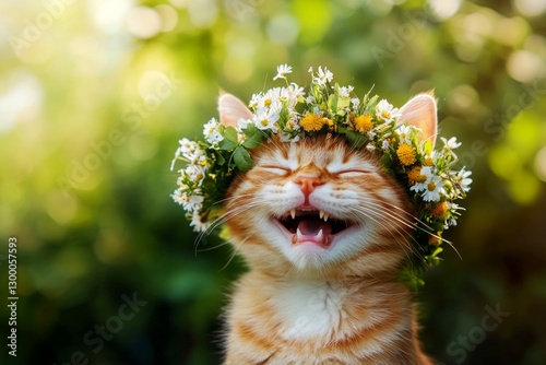 Cute baby cat savannah wearing feral flower circlet on its head. Summertime happiness. Sunny daylight. Outdoor happiness for kittens. Carefree kitten with flower accessories. photo