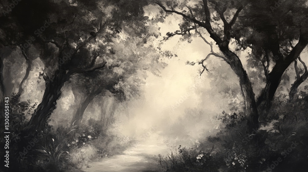 Fototapeta premium A quiet, misty forest scene in monochrome, with fading trees creating a soft and tranquil effect.