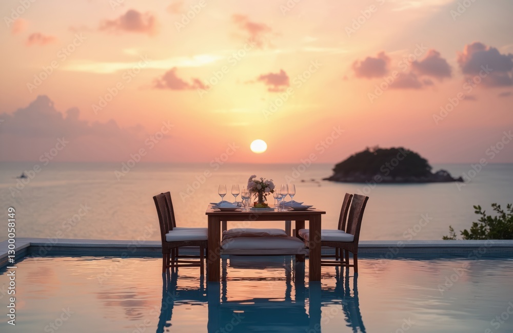 Sunset seascape view with dining table in infinity pool. Tropical romantic luxury destination getaway at sea shore. Wedding venue dinner setup with chairs, food, glasses. Vacation celebration. Sunset seascape view with dining table in infinity pool. Tropical romantic luxury destination getaway at sea shore. Wedding venue dinner setup with chairs, food, glasses. Vacation celebration.