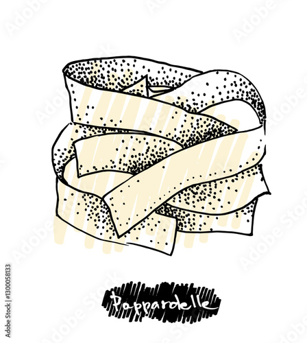 Hand drawn illustration of pappardelle. Pasta templates collection for menu design, flyers and brochures. Engraving style hand drawn sketch, vector illustration.