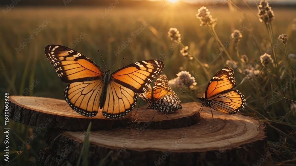 A serene scene featuring butterflies on tree stumps during sunset in a grassy field. A serene scene featuring butterflies on tree stumps during sunset in a grassy field.
