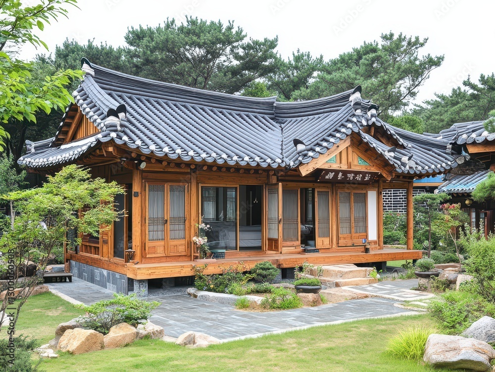 Korean traditional house with a tiled roof in a garden Korean traditional house with a tiled roof in a garden