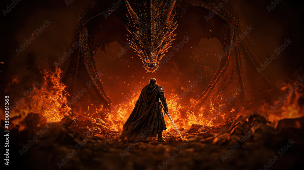 Obraz premium lone armored warrior stands bravely facing massive dragon amidst fiery landscape, evoking sense of epic confrontation and dark fantasy