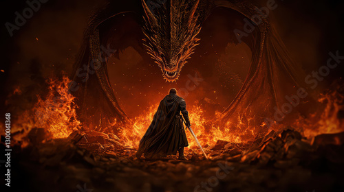 lone armored warrior stands bravely facing massive dragon amidst fiery landscape, evoking sense of epic confrontation and dark fantasy