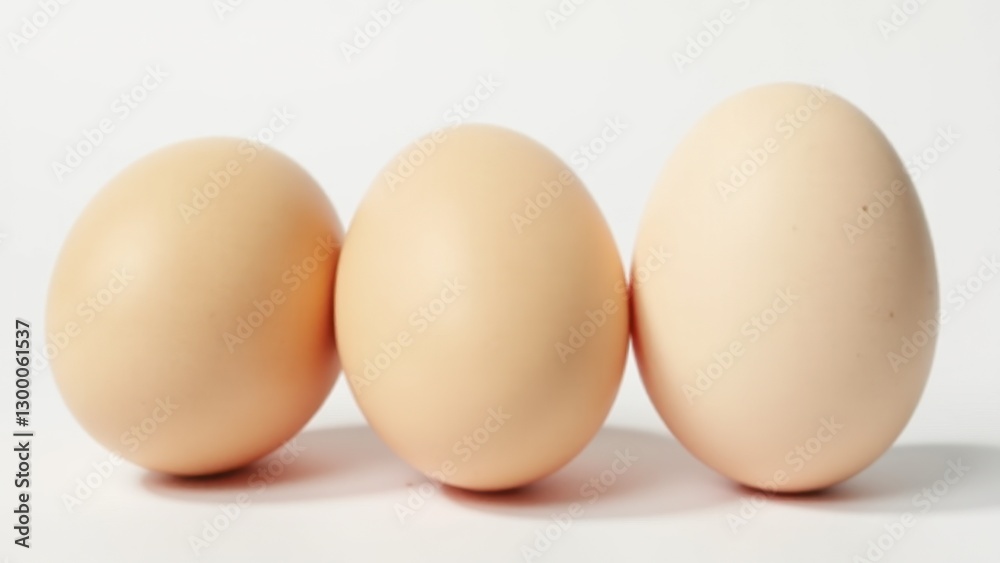 Three fresh farm eggs are arranged side by side on a white background. Three fresh farm eggs are arranged side by side on a white background.