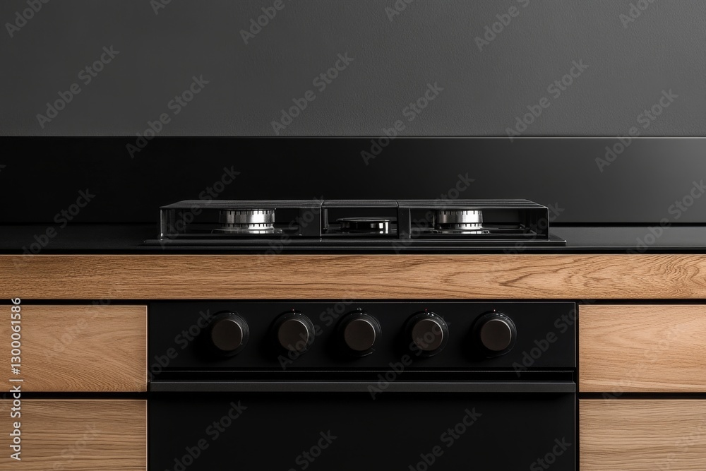 Fototapeta premium Modern black gas cooktop, wooden kitchen, dark wall