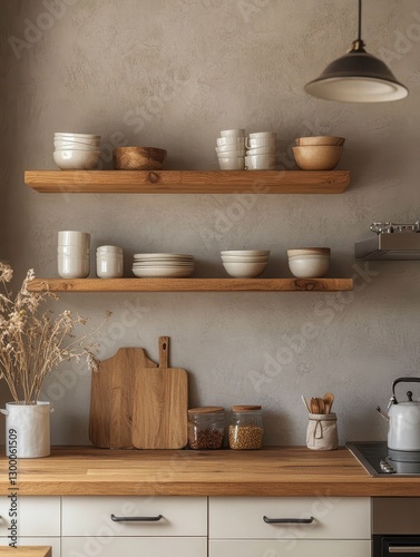 A kitchen scene of dishes on wooden floating shelves