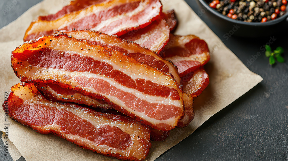 Freshly sliced raw bacon with wavy edges is displayed on parchment paper, seasoned with peppercorns, creating savory and appetizing presentation Freshly sliced raw bacon with wavy edges is displayed on parchment paper, seasoned with peppercorns, creating savory and appetizing presentation