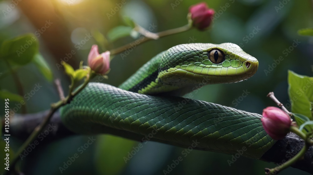 Obraz premium A vibrant green snake resting on a branch surrounded by pink flowers in a lush environment.