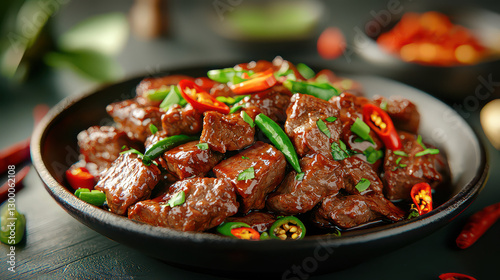 delicious Asian style spicy beef stir fry garnished with vibrant red and green chili peppers, served dark bowl. dish is rich color and texture, showcasing tender beef pieces coated savory sauce
