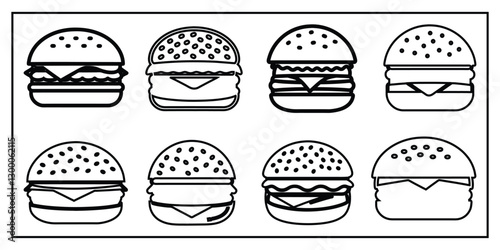 Simple Black and White Line Art Collection of Various Burgers Silhouette