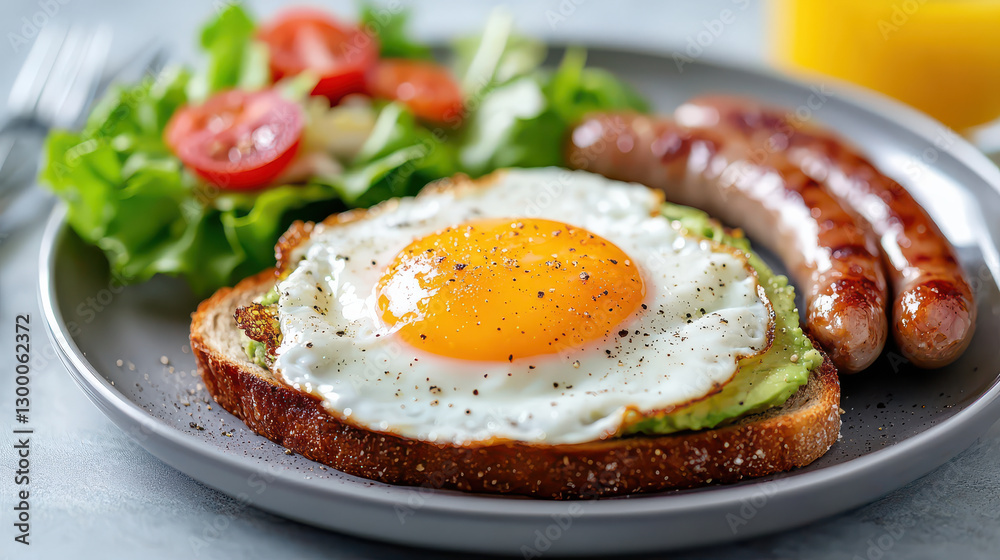 delicious breakfast plate featuring avocado toast topped with sunny side up egg, served with sausages and fresh salad, creating vibrant and appetizing meal