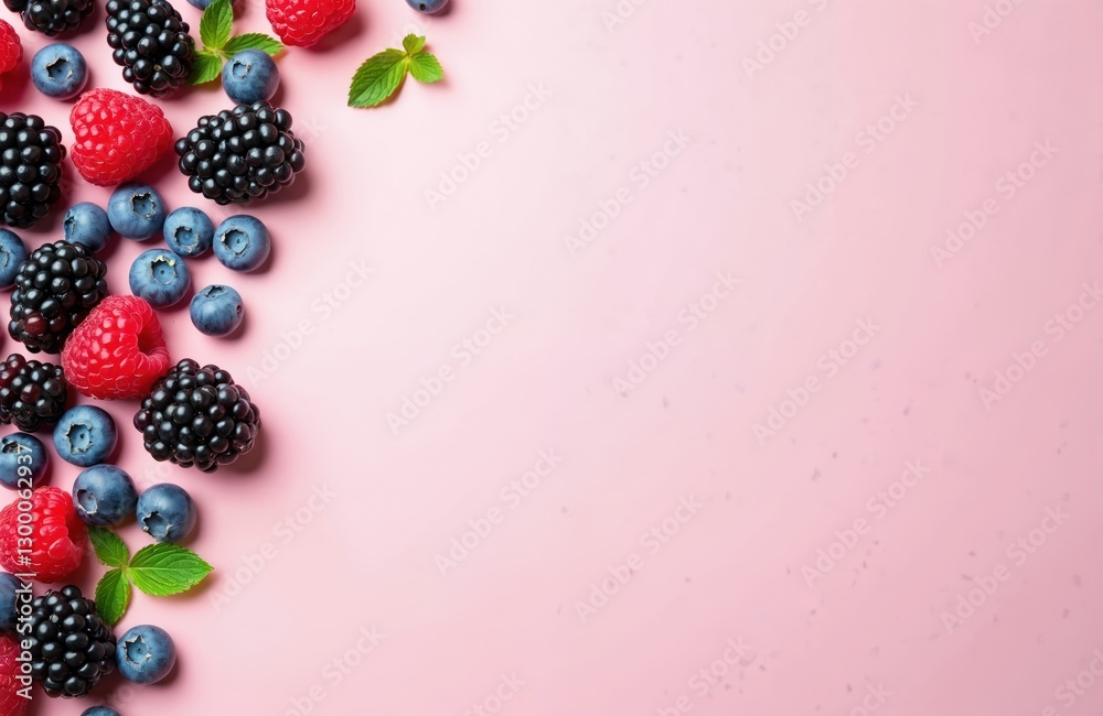 Scattered ripe forest mixed berries. Blackberries, blueberries, raspberries with fresh mint leaves on pink background. Healthy snack food concept. Fruits flat lay with copy space. Berry wallpaper Scattered ripe forest mixed berries. Blackberries, blueberries, raspberries with fresh mint leaves on pink background. Healthy snack food concept. Fruits flat lay with copy space. Berry wallpaper