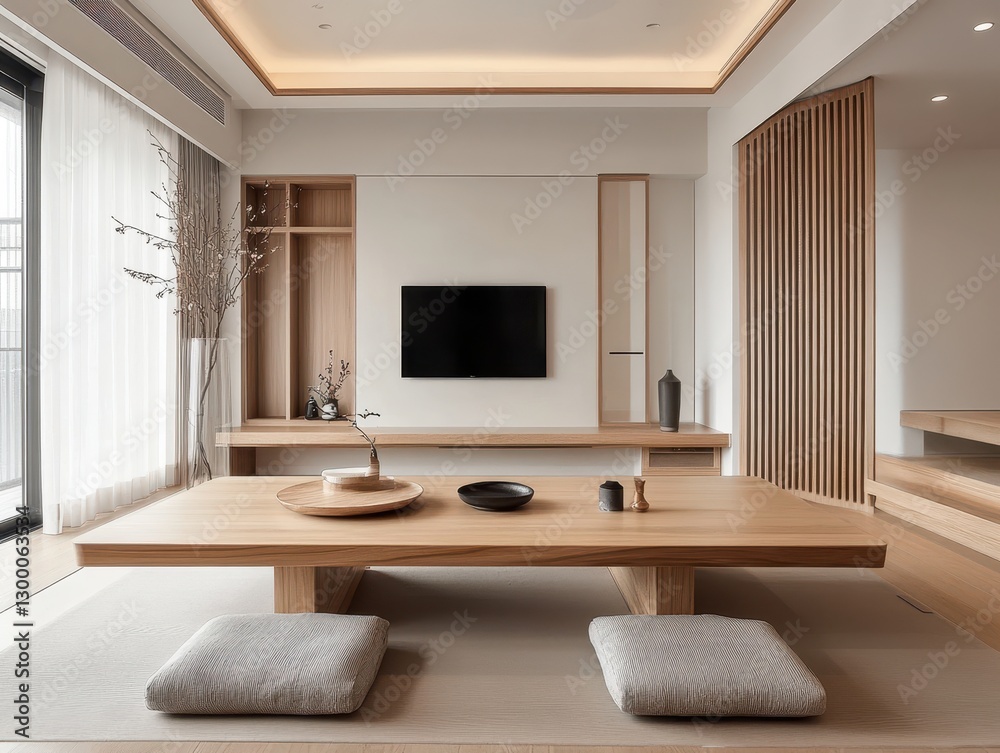 Fototapeta premium Wooden Table And Minimalist Interior In A Living Room