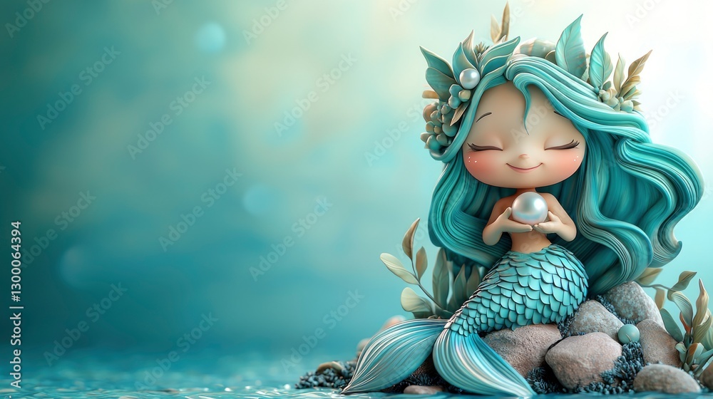 Fototapeta premium A delightful mermaid character with shining hair smiles joyfully while holding a pearl, surrounded by rocks and aquatic plants in a magical underwater environment