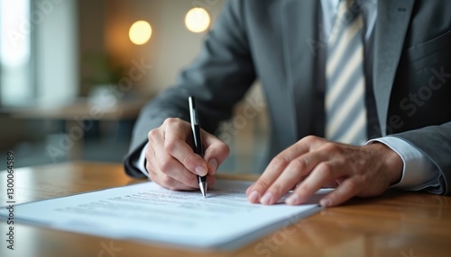 Man signs insurance contract, liability agreement with pen. Businessman in formal suit reading legal document on wooden desk. Financial risk mitigation, pro security.