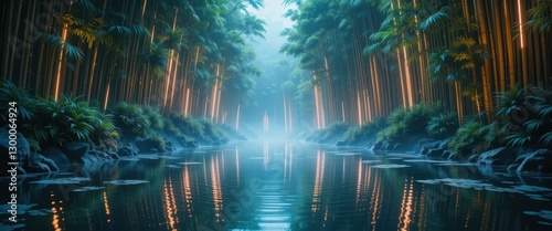 Serene Bamboo Forest River Scene Peaceful Nature Tranquil Water Reflections Magical Light