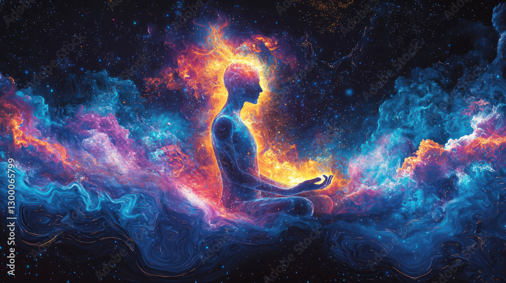 A serene mind is depicted by a meditative silhouette radiating energy and colorful cosmic flows, symbolizing peace, focus, and spiritual growth A serene mind is depicted by a meditative silhouette radiating energy and colorful cosmic flows, symbolizing peace, focus, and spiritual growth