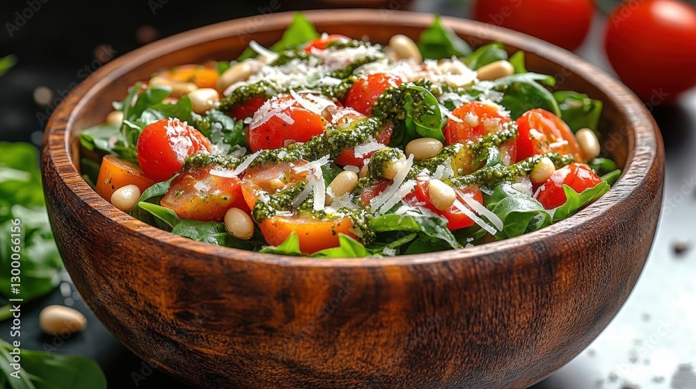 Fresh Spinach Salad With Tomatoes Pine Nuts And Pesto In Wooden Bowl Fresh Spinach Salad With Tomatoes Pine Nuts And Pesto In Wooden Bowl