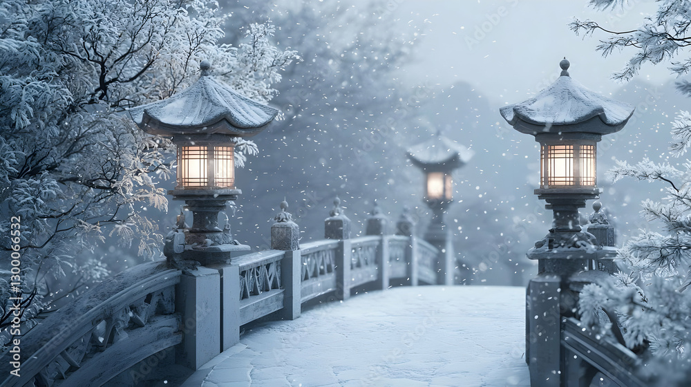 Snowy Winter Pathway with Lanterns in a Tranquil Landscape Scene Snowy Winter Pathway with Lanterns in a Tranquil Landscape Scene