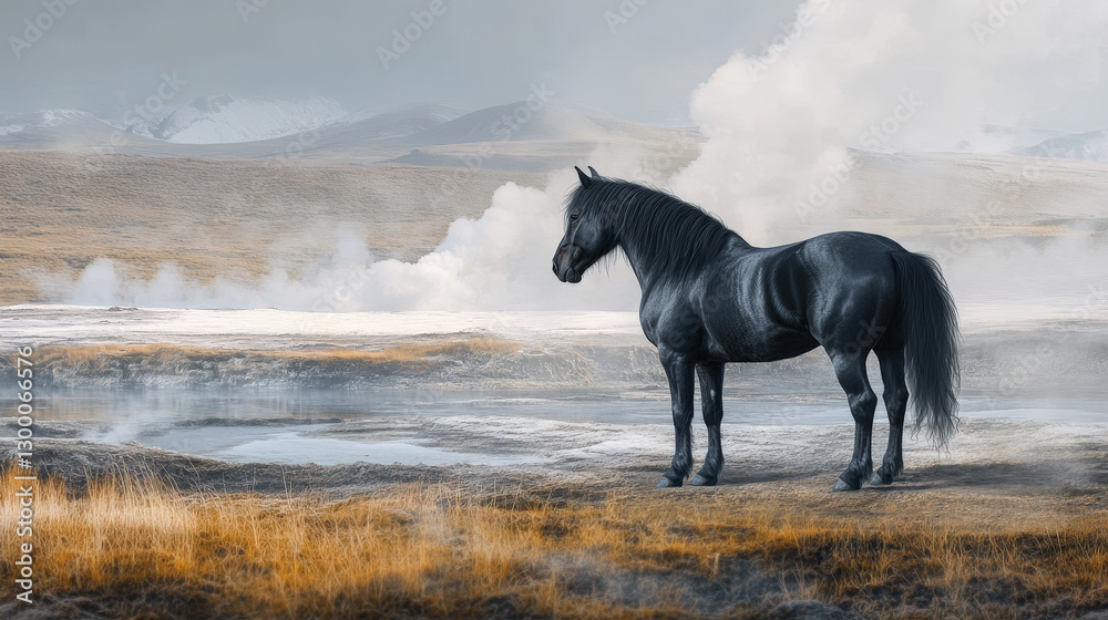 Powerful black stallion standing in a smoky volcanic valley with a dramatic atmosphere Powerful black stallion standing in a smoky volcanic valley with a dramatic atmosphere
